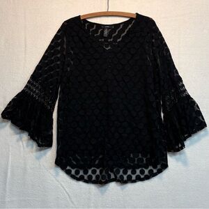 Alfani Sheer Polka Dot Blouse Bell Ruffle Sleeves Embroidered Mesh Black Boho